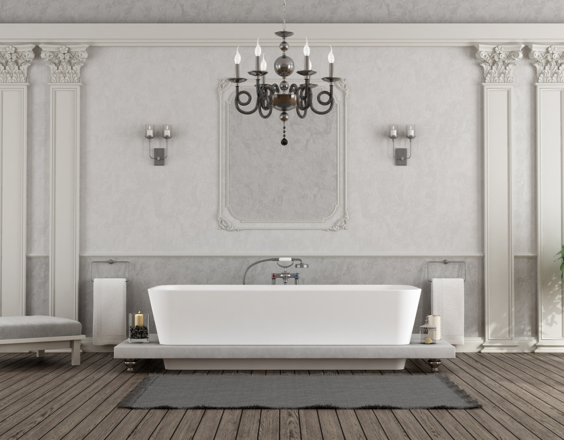 Luxury white and gray home bathroom with elegant bathtub - 3d rendering